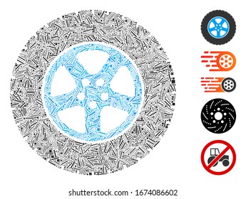 Line Mosaic based on car wheel icon. Mosaic vector car wheel is created with randomized line elements. Bonus icons are added.