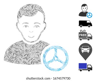 Line Mosaic based on car driver icon. Mosaic vector car driver is created with scattered line spots. Bonus icons are added.