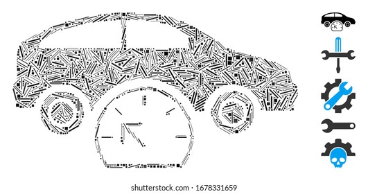 Line Mosaic based on car testing icon. Mosaic vector car testing is created with random line elements. Bonus icons are added.