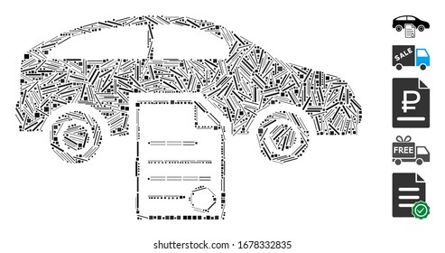 Line Mosaic based on car sale contract icon. Mosaic vector car sale contract is composed with scattered line spots. Bonus icons are added.