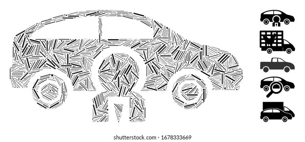 Mosaico de línea basado en el icono del propietario del camión. El propietario del camión vectorial mosaico está compuesto por puntos de línea aleatorios. Se agregan iconos de bonificación.