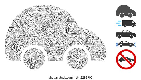 Line Mosaic based on car icon. Mosaic vector car is composed with randomized line spots. Bonus icons are added.