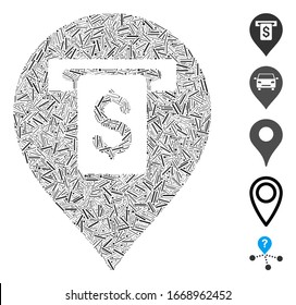 Line Mosaic based on cash machine pointer icon. Mosaic vector cash machine pointer is designed with randomized line spots. Bonus icons are added.