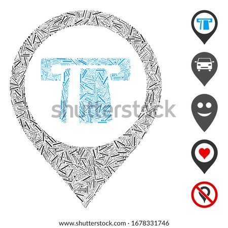 Line Mosaic based on cash machine marker icon. Mosaic vector cash machine marker is designed with randomized line items. Bonus icons are added.