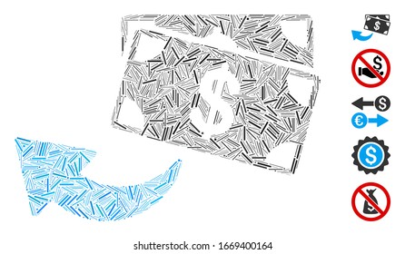 Mosaico de línea basado en el icono de cashback. El respaldo vectorial mosaico está diseñado con puntos de línea aleatorios. Se agregan iconos de bonificación.