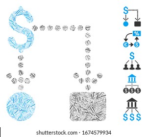 Line Mosaic based on cashflow icon. Mosaic vector cashflow is composed with randomized line items. Bonus icons are added.