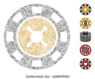 Line Mosaic based on casino chip icon. Mosaic vector casino chip is formed with scattered line dots. Bonus icons are added.