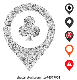 Line Mosaic basierend auf Casino Karte Marker Symbol. Mosaik Vektorillustration Casino Karte Marker ist mit Zufallslinien zusammengesetzt. Bonussymbole werden hinzugefügt.