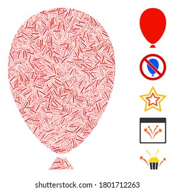 Mosaico de línea basado en un icono de globo de celebración. El globo de celebración del vector mosaico se compone de elementos de línea aleatorizados. Se agregan iconos de bonificación.
