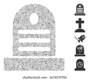 Line Mosaic based on cemetery stone icon. Mosaic vector cemetery stone is composed with random line elements. Bonus icons are added.