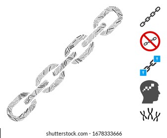 Line Mosaic based on chain icon. Mosaic vector chain is created with scattered line spots. Bonus icons are added.
