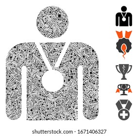 Line Mosaic based on champion icon. Mosaic vector champion is formed with scattered line spots. Bonus icons are added.