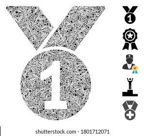 Line Mosaic based on champion medal icon. Mosaic vector champion medal is created with random line elements. Bonus icons are added.