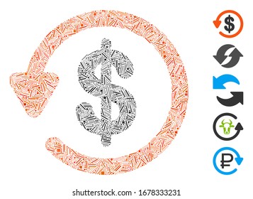 Line Mosaic based on chargeback icon. Mosaic vector chargeback is created with random line dots. Bonus icons are added.