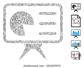 Line Mosaic based on chart presentation board icon. Mosaic vector chart presentation board is created with random line spots. Bonus icons are added.