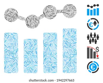 Line Mosaic based on charts icon. Mosaic vector charts is composed with scattered line dots. Bonus icons are added.