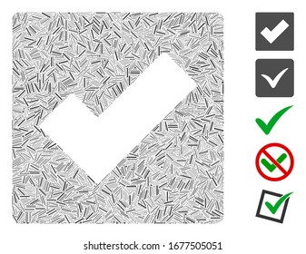 Line Mosaic based on check icon. Mosaic vector check is created with scattered line dots. Bonus icons are added.