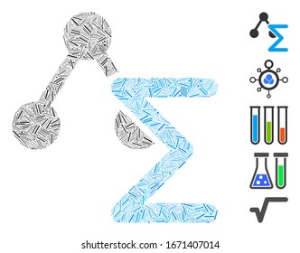Line Mosaic based on chemical formula icon. Mosaic vector chemical formula is composed with randomized line spots. Bonus icons are added.