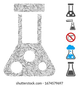 Line Mosaic based on chemical flask icon. Mosaic vector chemical flask is composed with random line spots. Bonus icons are added.