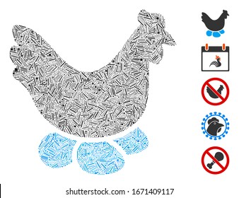 Line Mosaic based on chicken hen icon. Mosaic vector chicken hen is composed with scattered line dots. Bonus icons are added.
