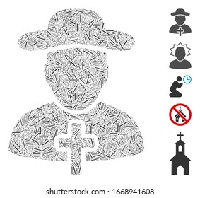 Línea Mosaica basada en el ícono sacerdote cristiano. El sacerdote cristiano vector mosaico se forma con elementos de línea aleatoria. Se agregan iconos de bonificación.