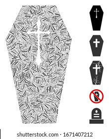 Mosaico de línea basado en el ícono del ataúd cristiano. El ataúd cristiano vectorial mosaico se compone de elementos de línea aleatoria. Se agregan iconos de bonificación.