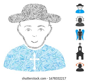 Line Mosaic based on Christian priest icon. Mosaic vector Christian priest is formed with random line items. Bonus icons are added.