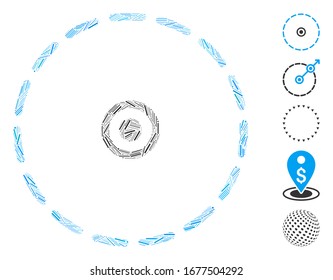 Line Mosaic based on circle area icon. Mosaic vector circle area is formed with randomized line dots. Bonus icons are added.