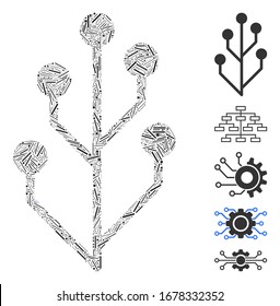 Line Mosaic based on circuit tree icon. Mosaic vector circuit tree is designed with scattered line dots. Bonus icons are added.