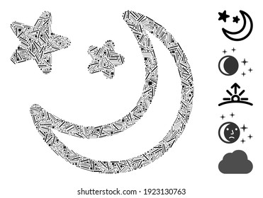 Line Mosaic based on clear night sky icon. Mosaic vector clear night sky is designed with random line spots. Bonus icons are added.