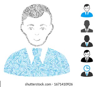 Line Mosaic based on clerk guy icon. Mosaic vector clerk guy is composed with randomized line dots. Bonus icons are added.