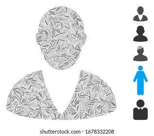 Line Mosaic based on client icon. Mosaic vector client is formed with scattered line items. Bonus icons are added.