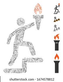 Line Mosaic based on climbing leader with torch icon. Mosaic vector climbing leader with torch is composed with scattered line dots. Bonus icons are added.