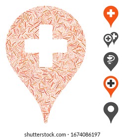 Linie Mosaik basierend auf der klinischen Karte Zeiger Symbol. Der Mauszeiger der Klinik für Vektorillustration ist mit randomisierten Zeilenteilen konstruiert. Bonussymbole werden hinzugefügt.