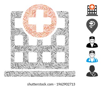 Line Mosaic based on clinic facade icon. Mosaic vector clinic facade is created with random line spots. Bonus icons are added.