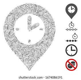 Line Mosaic based on clock marker icon. Mosaic vector clock marker is composed with scattered line items. Bonus icons are added.