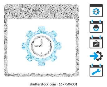 Line Mosaic based on clock configuration gear calendar page icon. Mosaic vector clock configuration gear calendar page is designed with random line items. Bonus icons are added.