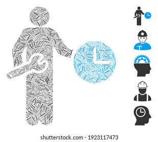 Line Mosaic based on clock serviceman icon. Mosaic vector clock serviceman is formed with randomized line dots. Bonus icons are added.