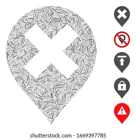 Line Mosaic based on closed marker icon. Mosaic vector closed marker is created with random hatch elements. Bonus icons are added.