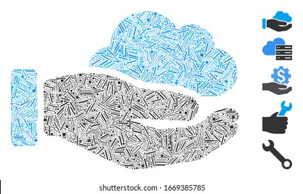 Line Mosaic based on cloud service hand icon. Mosaic vector cloud service hand is formed with random line spots. Bonus icons are added.