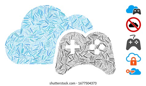 Line Mosaic based on cloud game controller icon. Mosaic vector cloud game controller is composed with scattered line elements. Bonus icons are added.