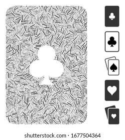Line Mosaic based on clubs playing card icon. Mosaic vector clubs playing card is formed with randomized line elements. Bonus icons are added.