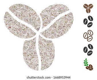 Linie Mosaik auf der Grundlage von Kaffeebohnen Symbol. Die Mosaik-Vektorillustration-Kaffeebohnen bestehen aus Zufallslinien. Bonussymbole werden hinzugefügt.