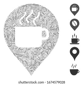 Line Mosaic based on coffee cup marker icon. Mosaic vector coffee cup marker is designed with randomized line elements. Bonus icons are added.