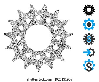 Line Mosaic based on cog icon. Mosaic vector cog is designed with random line spots. Bonus icons are added.
