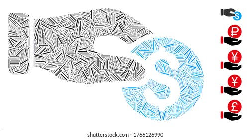 Line Mosaic based on coin donation icon. Mosaic vector coin donation is created with randomized hatch dots. Bonus icons are added.