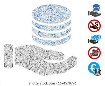 Linie Mosaik auf der Grundlage von Münzen Spende Hand Symbol. Die Hand der Mosaiken-Vektorillustration-Münzen wird mit zufälligen Punkten gespendet. Bonussymbole werden hinzugefügt.