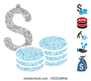 Mosaico de línea basado en el icono del dinero de las monedas. El dinero de las monedas vectoriales de mosaico se compone de puntos de línea al azar. Se agregan iconos de bonificación.