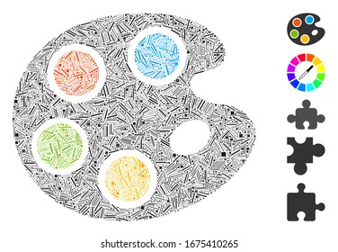Linie Mosaik basierend auf Farbpalettensymbol. Die Mosaik Vektorillustration Farbpalette ist mit randomisierten Linienelementen gestaltet. Bonussymbole werden hinzugefügt.