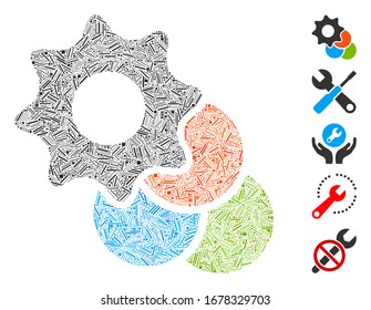 Line Mosaic based on color options icon. Mosaic vector color options is formed with random line items. Bonus icons are added.